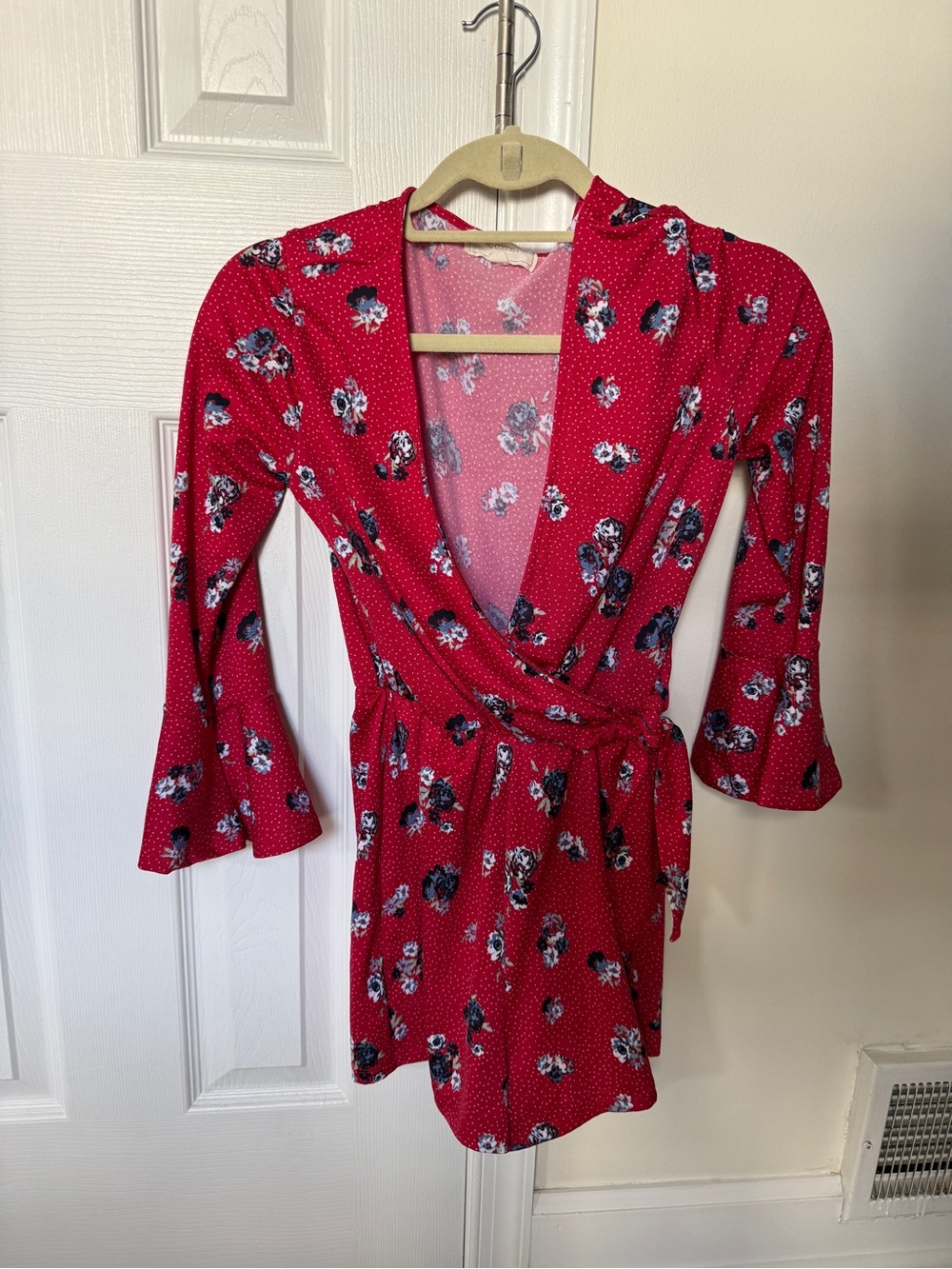 Women's Red Floral Wrap Romper with Tie Waist